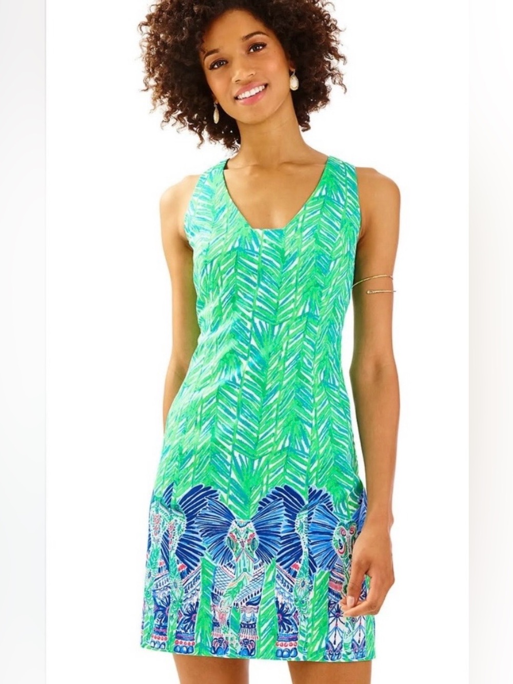 Lilly Pulitzer Green Elephant Print Shift Dress Size 12 Cotton Tropical Resort